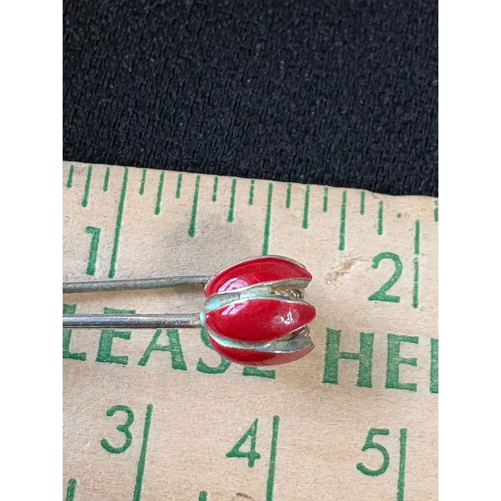 Vintage Tulip Brooch Red Green Enamel Floral Silver Tone Pin